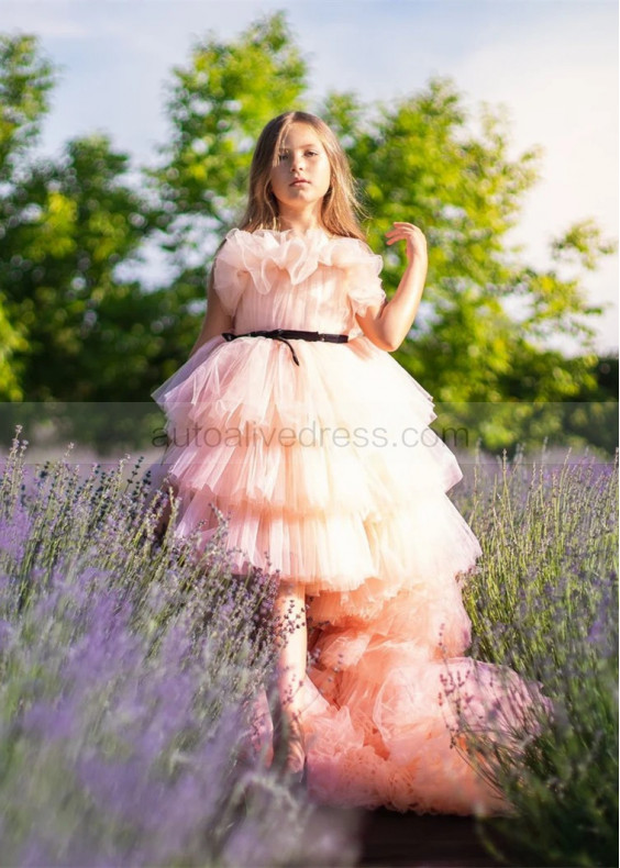 Peach Tulle Tiered High Low Stunning Flower Girl Dress